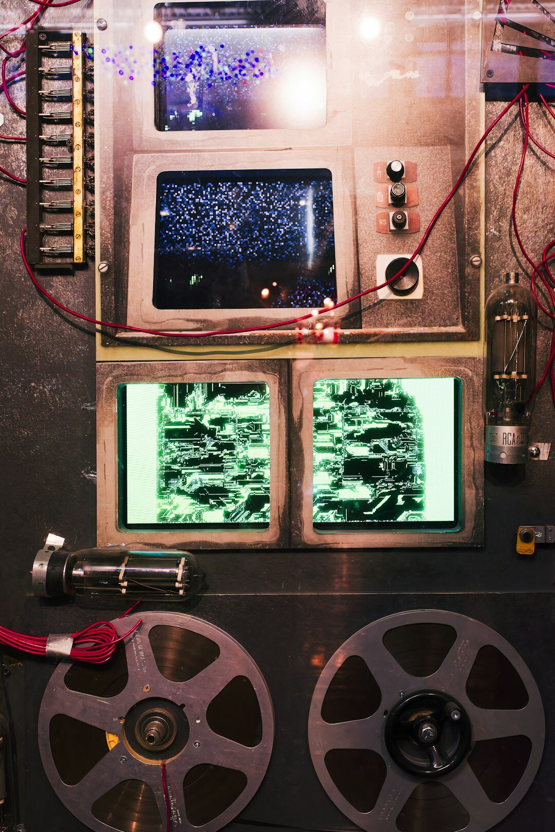 Vintage television studio with a retro camera and colourful set lights